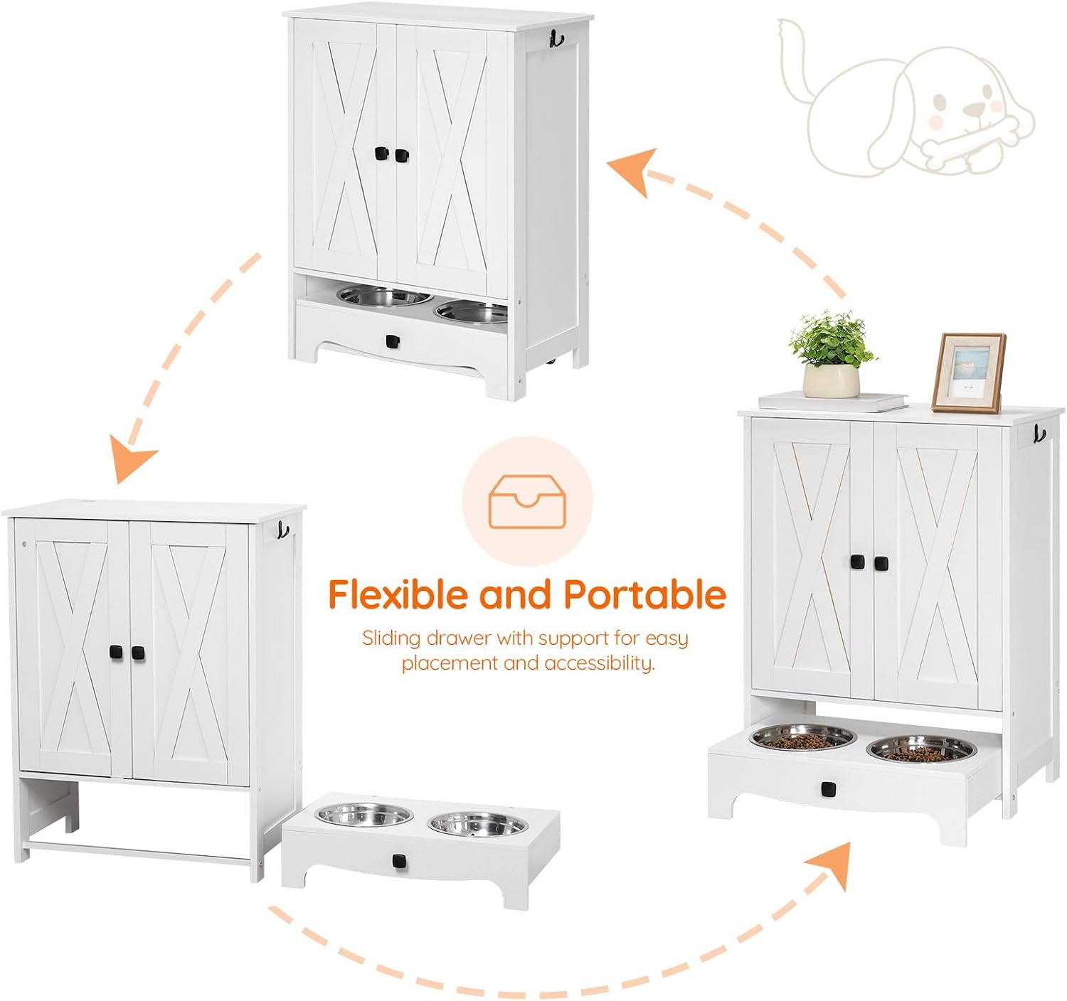 HOOBRO Dog Feeding Station with Feeding Bowls, Pet Organizer Cabinet with Storage and Hooks, Pet Feeding Station with Sliding Drawer and 2 Hidden Bowls for Dog & Cat, White WT12PO03G1