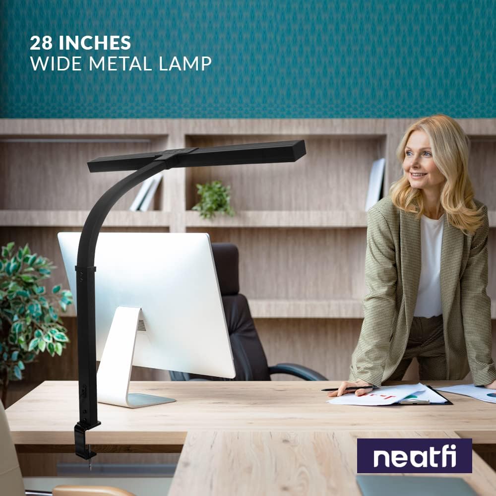 Neatfi 3,000 Lumens LED Desk Lamp with Clamp | Dimmable | 5 Brightness Levels & 5 Light Modes | Memory Function | Eye-Caring Flexible Lamp for Home & Office (28 Inches, Black)