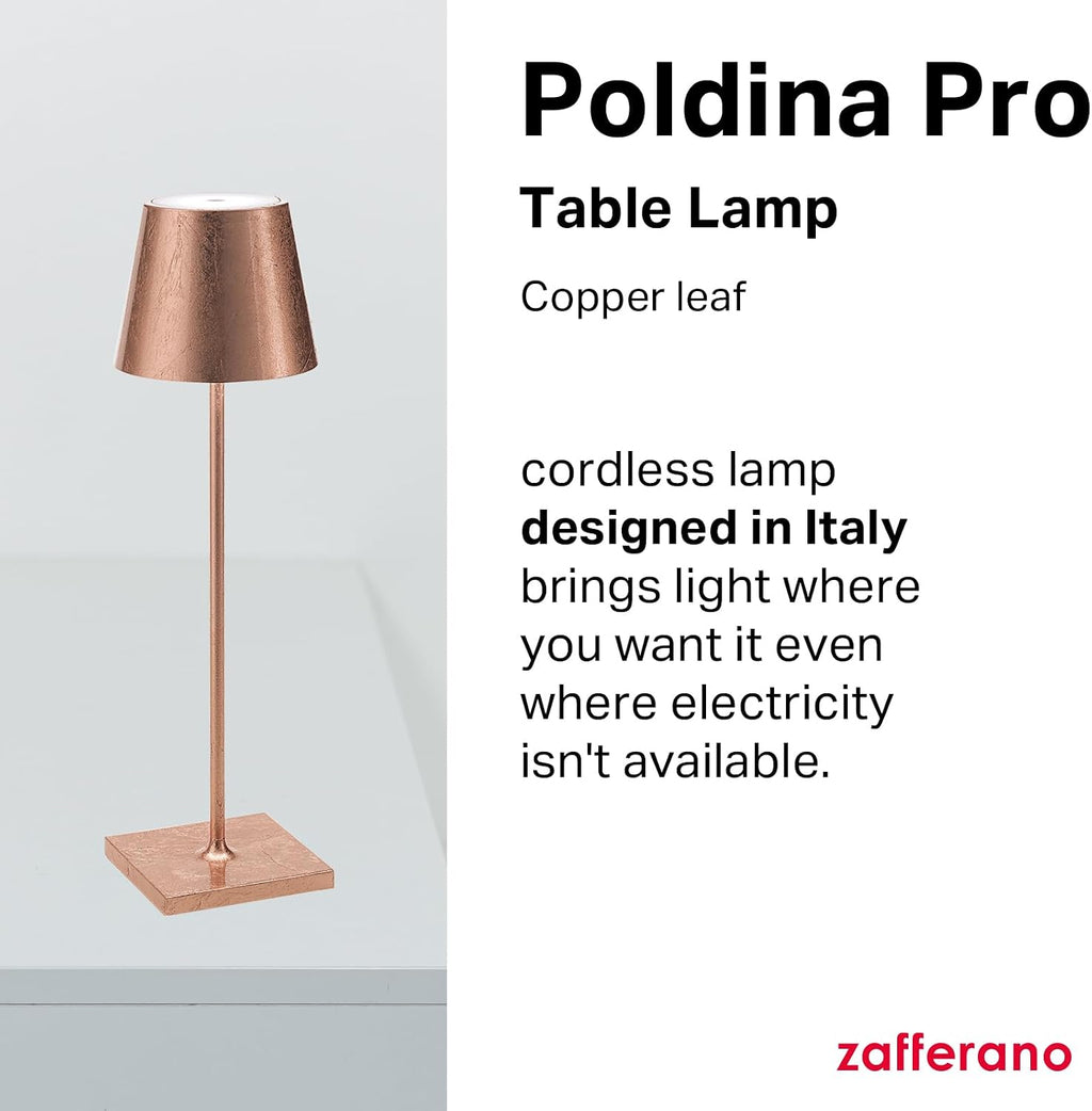Zafferano, Poldina Pro Lamp with Copper Leaf, Rechargeable Cordless Table Lamp with Touch Controls, Usable as an Indoor Lamp, Dimmer, 2200-3000 K, Height 14.9 Inches
