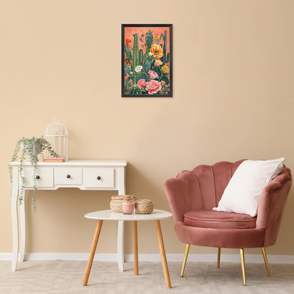 Black Framed Flat Retro Desert Landscape Poster Boho Cactus And Floral Canvas Wall Art Colorful Succulents Vibrant Blooms Prints Painting For Home Bedroom Dorm Wall Decor 24x36in Black Framed Flat