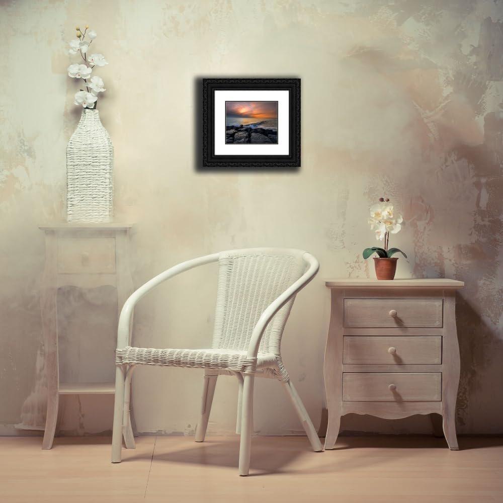 ArtDirect 18x15 Jaynes Gallery Black Ornate Framed and Double Matted Museum Art Print Titled New Jersey-Cape May National Seashore Sunset on ocean and rocks