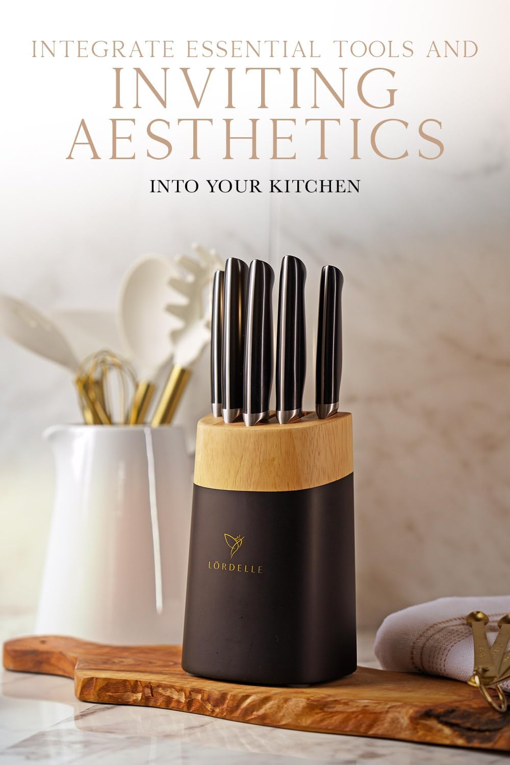 LORDELLE Knife Block Set - 5 Piece Set - Black Vintage Ink - Lifestyle Home Kitchen Design - German X50 Stainless Steel - ABS Handle - Ash Wood Block - Cooking Chef Knife, Santoku, Paring, Utility