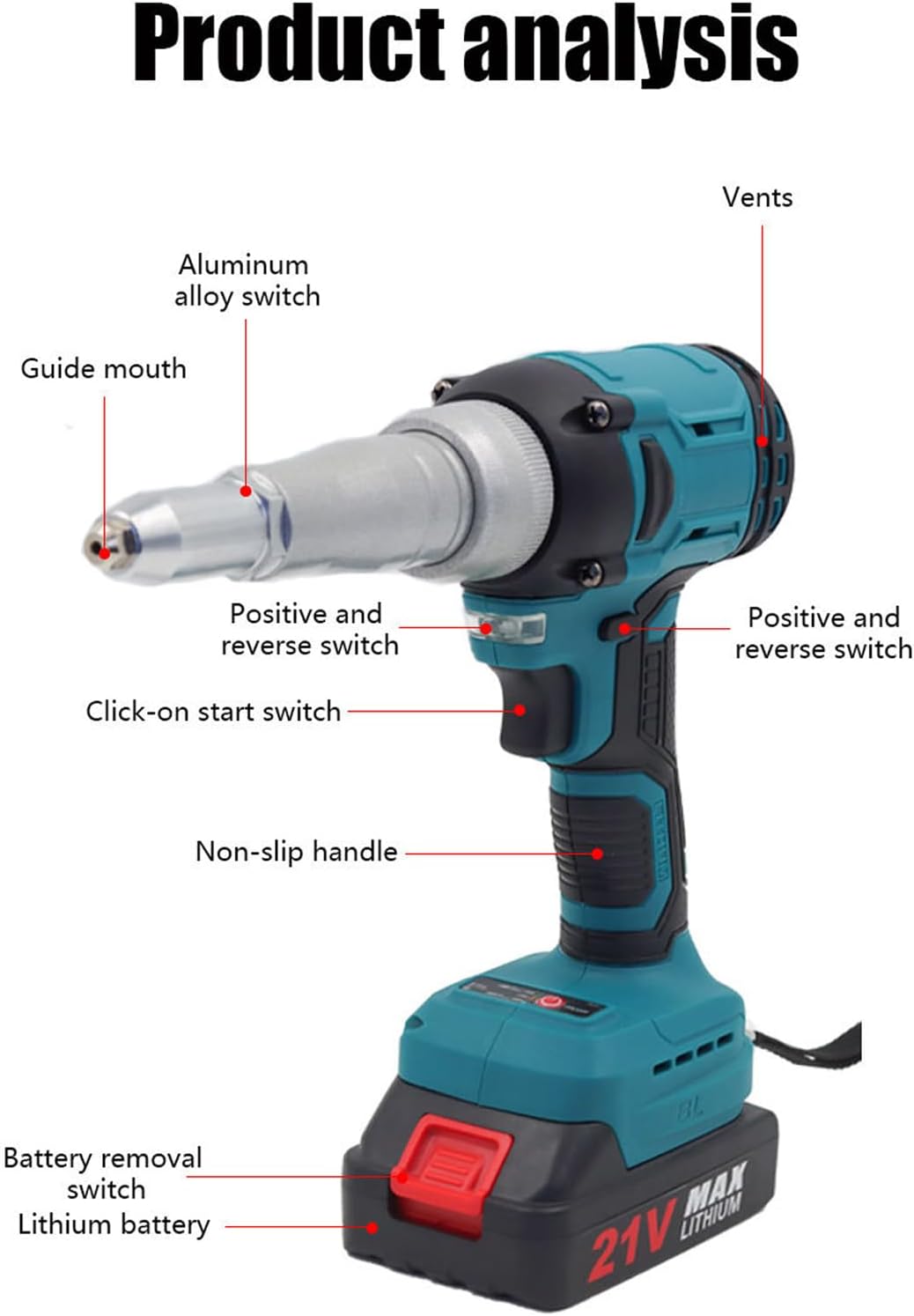 21V Rechargeable Riveting Gun, Automatic Electric Rivet Gun Tool Brushless Pop Rivet Gun Kit, Household Portable Lithium Battery Stainless Steel Industrial Fully Automatic Riveting Gun