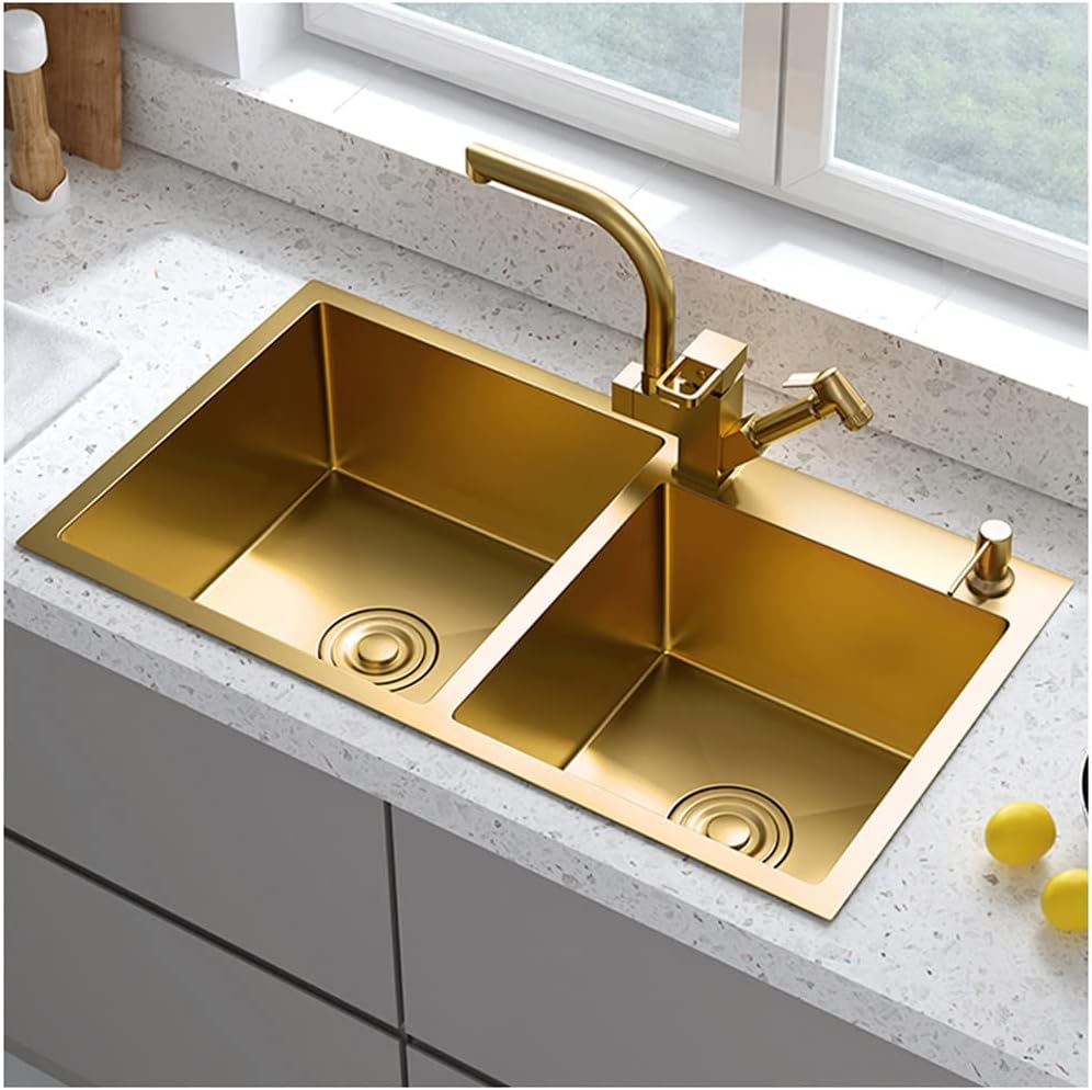 Gold Double Bowl Bar Sink 304 Stainless Steel Kitchen Sink with Faucet and Drain Assembly Drop-in Or Undermount (Color : Gold-3, Size : 82x45x22cm) (Gold3 82x45x22cm)