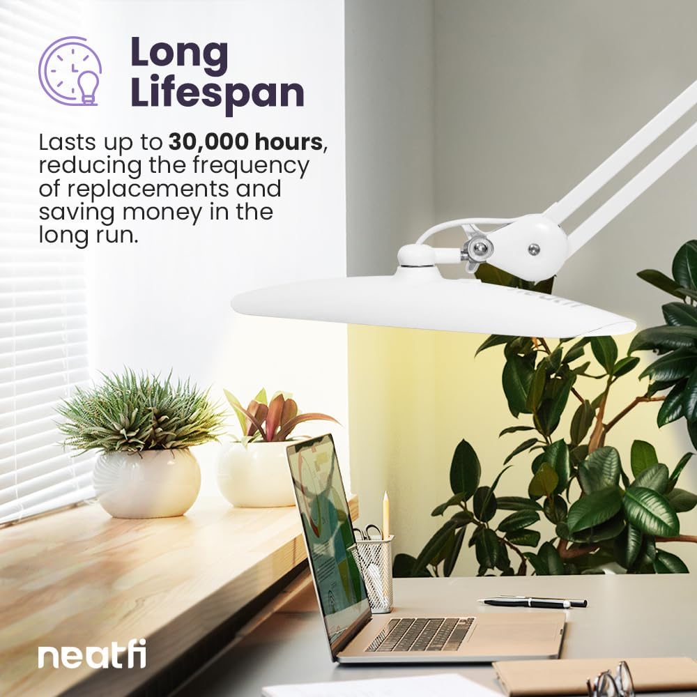 Neatfi XL 2200 Lumens 20W LED Desk Lamp with Clamp – Adjustable Color Temperature | 4-Level Dimmable Light | Home Office, Crafts & Workbench | 20-Inch Wide Head (White, CCT with Clamp)