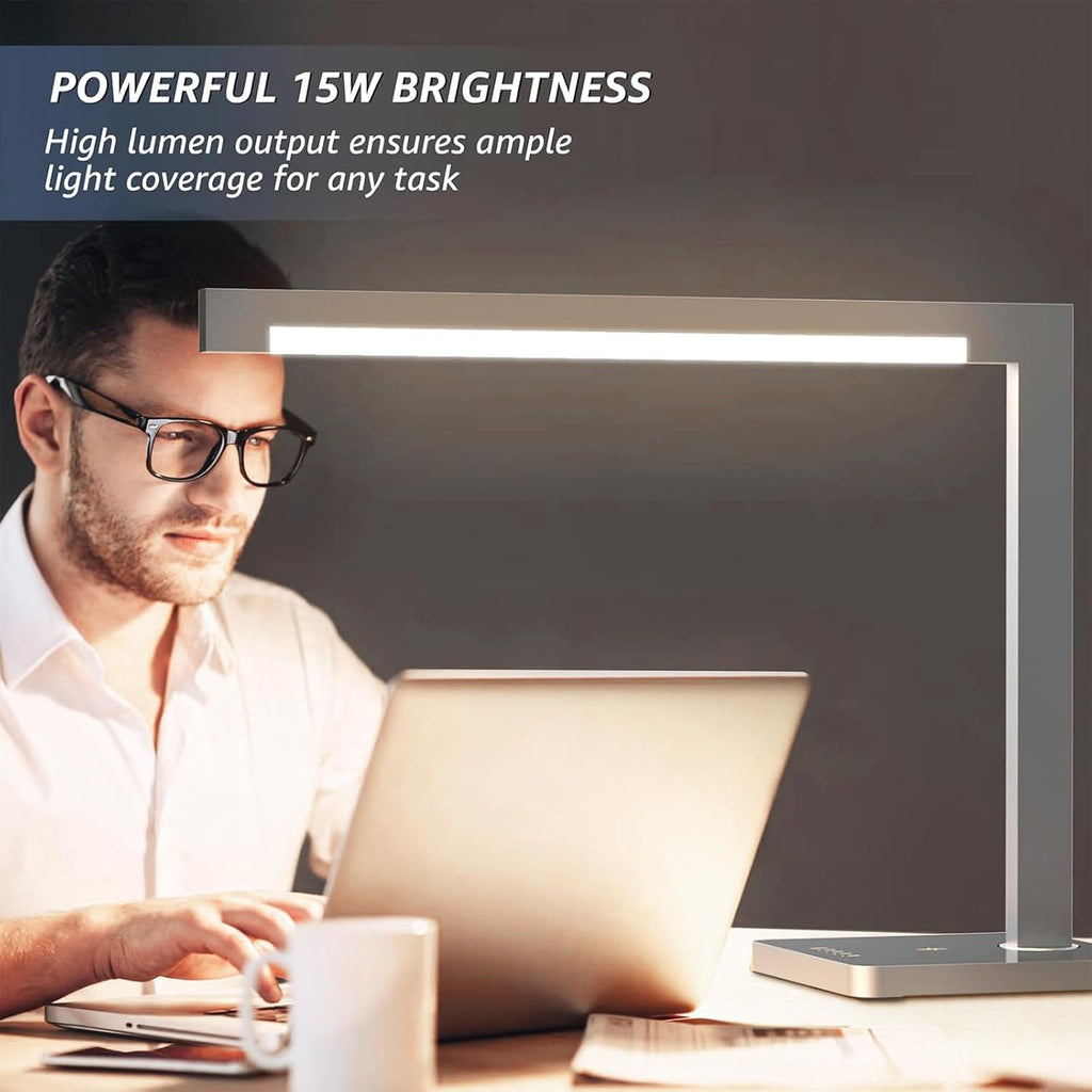 2 Pack Aluminum LED Desk Lamp with Charging Station, 15W Smart Table Lamp with Type-C Ports & 4 Color Temperature Modes(3000K-6000K), Dimmable Reading Light for Home Office(Includes Adapter)