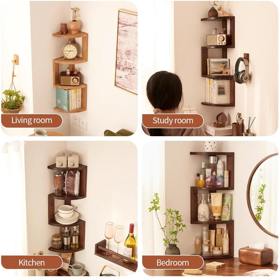 4 Tier Corner Desktop Bookshelf, Corner Shelf Wall Mounted, Multipurpose Shelving Unit, Solid Wood Corner Shelves, Floating Desktop Organizer for Living Room Bedroom Study Office(Natural)