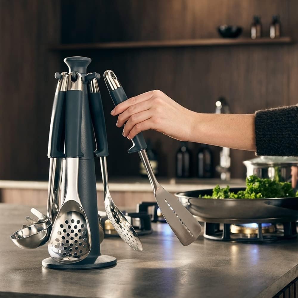 Kitchen Utensils Set, 6 PCS Stainless Steel Kitchen Utensils Set with 360° Rotating Stand, 520°F Heat Resistant Cooking Gadgets