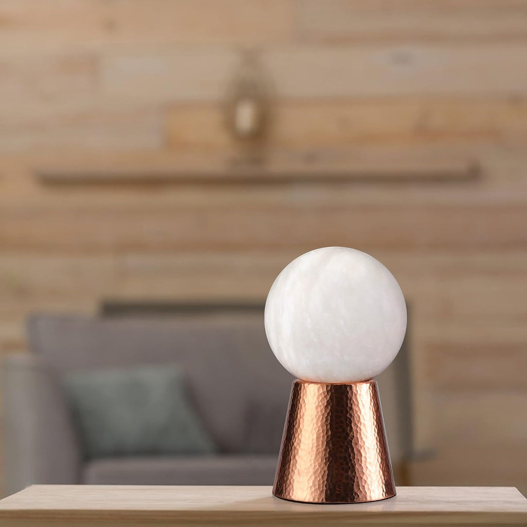 Handcrafted Natural Spanish Alabaster Stone Moon Lamp with Purple Copper Stand Elegant LED Night Light Premium Mini Table Lamp for Home, Office, and Luxury Decor