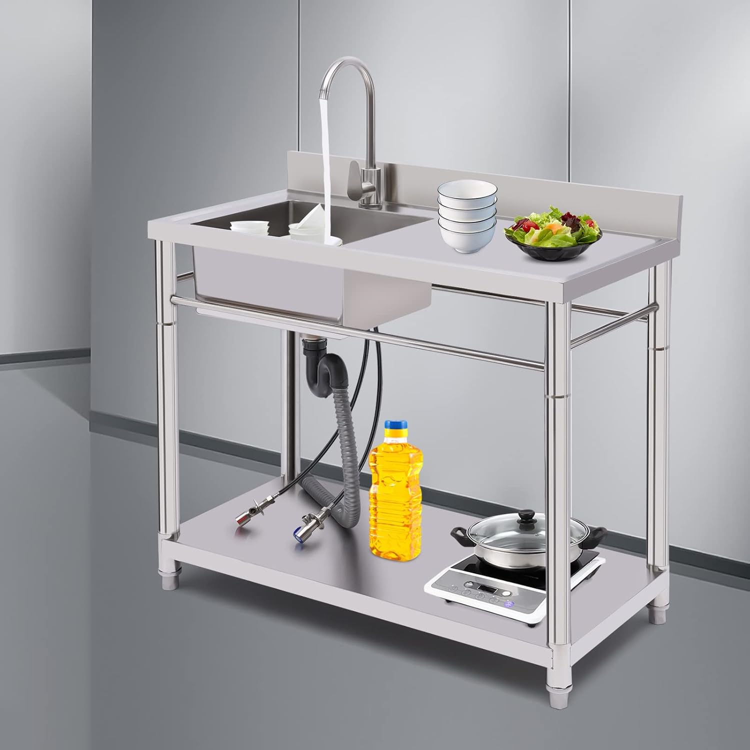 Stainless Steel Sink Single Bowl Commercial Utility Sink Free Standing Kitchen Sinks with Cold and Hot Water Faucets for Kitchens, Garage, Laundry Room (39.4'W x 19.7'Dx 31.5'H)