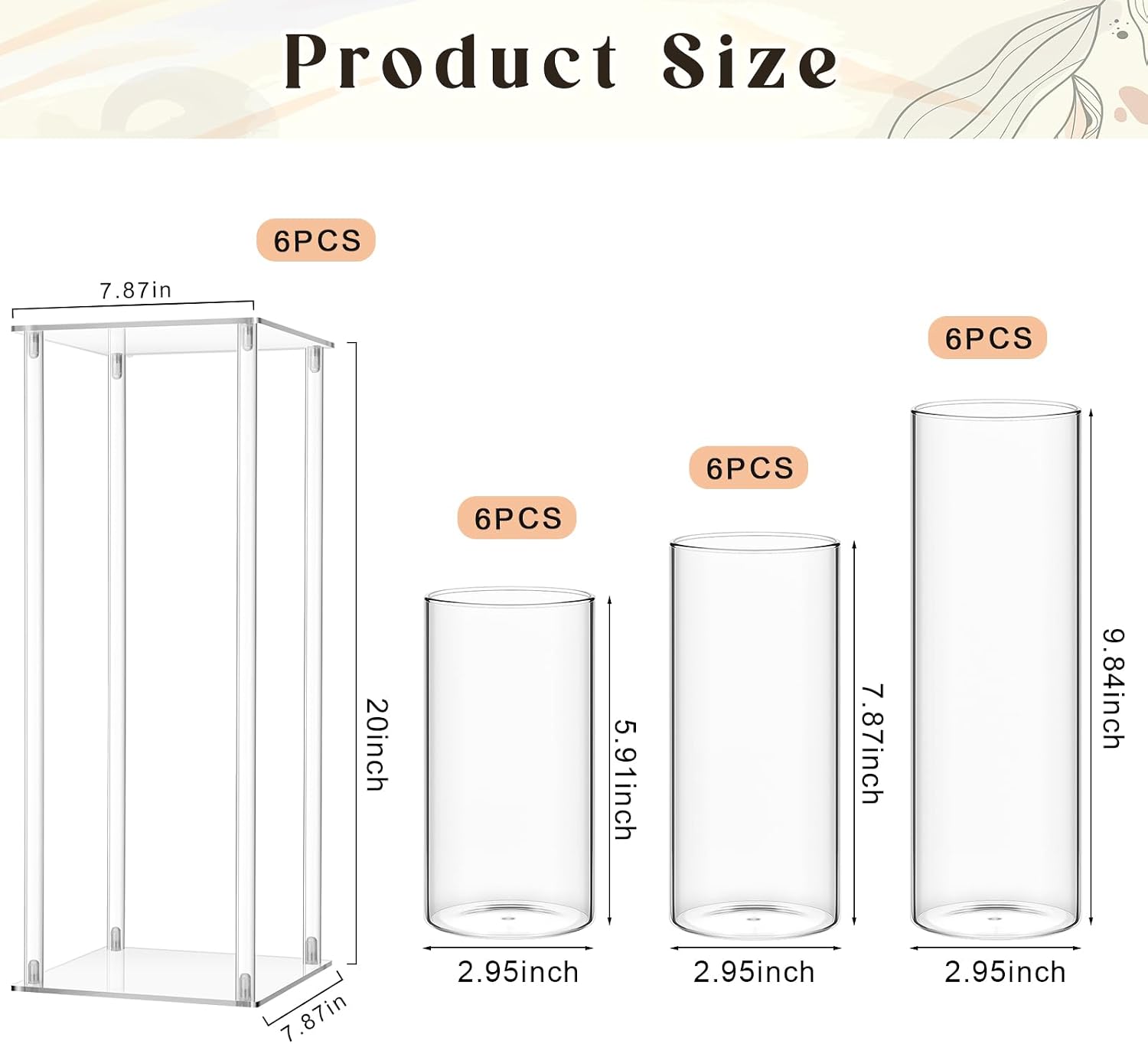 Sieral 6 Sets 20''Tall Clear Acrylic Flower Vase Wedding Centerpieces Flowers Stand with Glass Candle Holders Cylinder Vases, Transparent Flower Vases for Table Centerpiece Wedding Home (Mix)