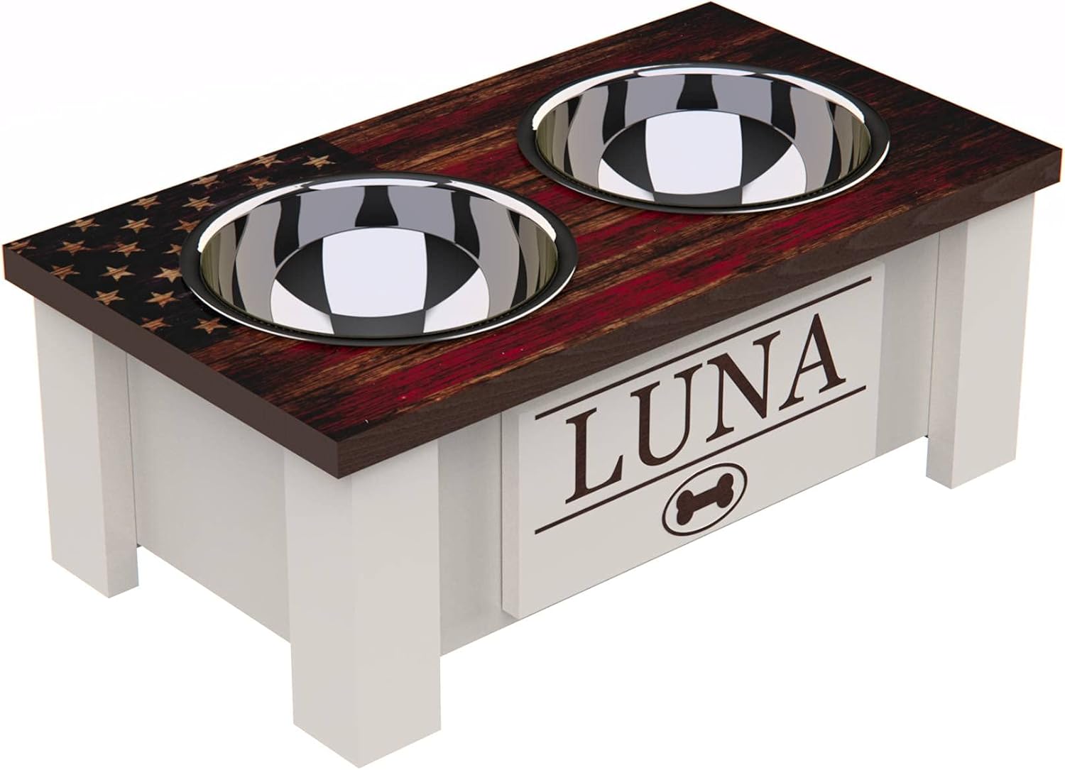 GTW Elevated Dog Bowl Stand for Small Dogs - Customized Feeding Station with Storage & Stainless Steel Food Bowls (Small, Flag Design)