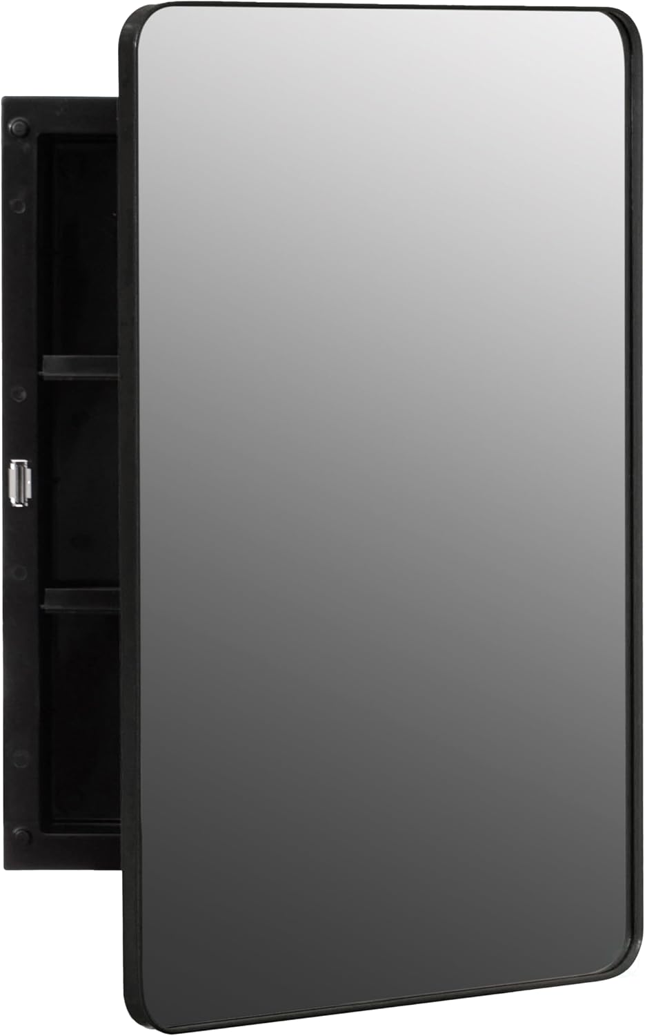 Basicwise Plastic Medicine Cabinet with Beveled Edge Mirror Door and Round Corner Metal Frame, Surface or Recessed Mount Options, Bathroom Wall Mounted Vanity Cabinet with 2 Adjustable Shelves, Black