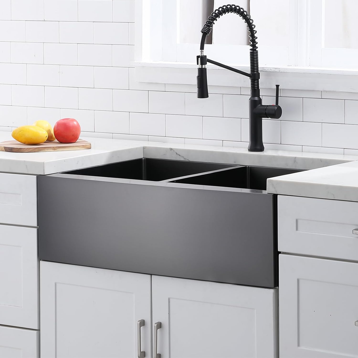 SHACO 33 Inch Double Bowl Divided 50/50 Black Farmhouse Sink, 33x21 Gunmetal Black Stainless Steel Undermount Apron Front Farm Kitchen Sink