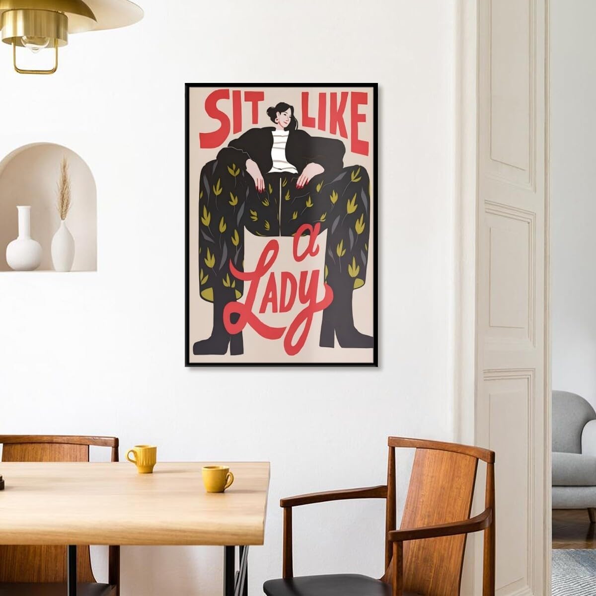 Retro Motivational Feminist Poster Trendy Sit Like a Lady Female Painting Abstract Girl Power Quote Womans Right Inspired Wall Decor for Girls Bedroom Dorm Office 24x36inch Black Aluminum Framed