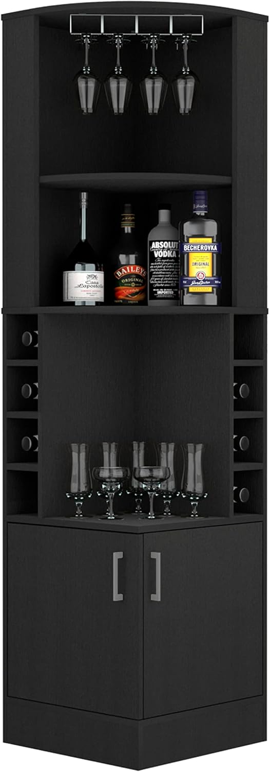Cairo Corner Bar Cabinet with Glass Rack, Multiple Shelves, and 8 Wine Cubbies, Black – Home Bar Wine & Liquor Storage Cabinet for Home Bar, Living Room & Dining Room