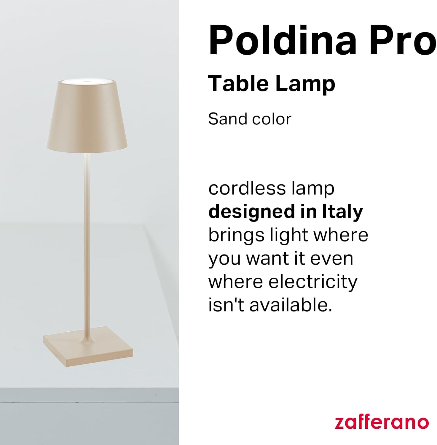 Zafferano, Poldina Pro Lamp, Rechargeable Cordless Table Lamp with Touch Controls, Suitable for Indoor and Outdoor, Dimmer, 2200-3000 K, Height 14.9 Inches, Sand Color