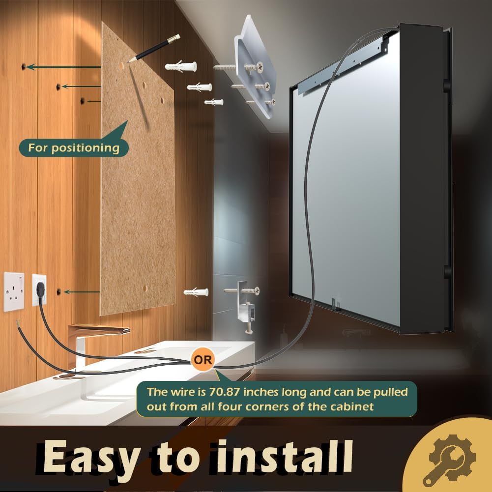 KWW LED Lighted Bathroom Medicine Cabinet with Sockets & USBs, Defogger, Dimmable, 3 Color Light Makeup Mirror, Easy to Install, Wall Mounted Cabinet (Right hinge-20 * 28)