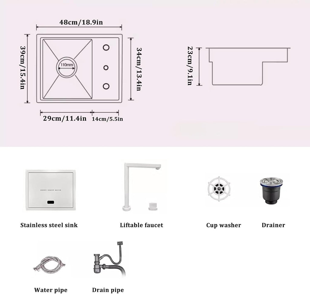 Hidden Sink with Cover Liftable Faucet White Single Bowl Sink Stainless Steel Sink with Cup Washer Bar Sink (