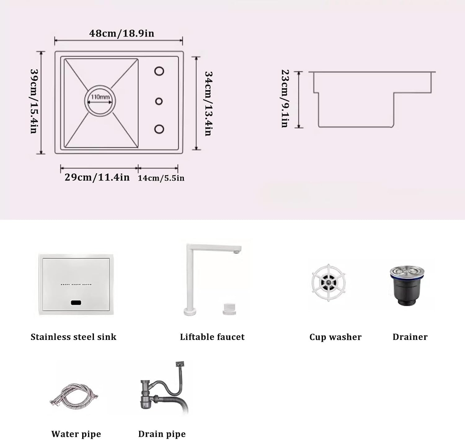 Hidden Sink with Cover Liftable Faucet White Single Bowl Sink Stainless Steel Sink with Cup Washer Bar Sink (