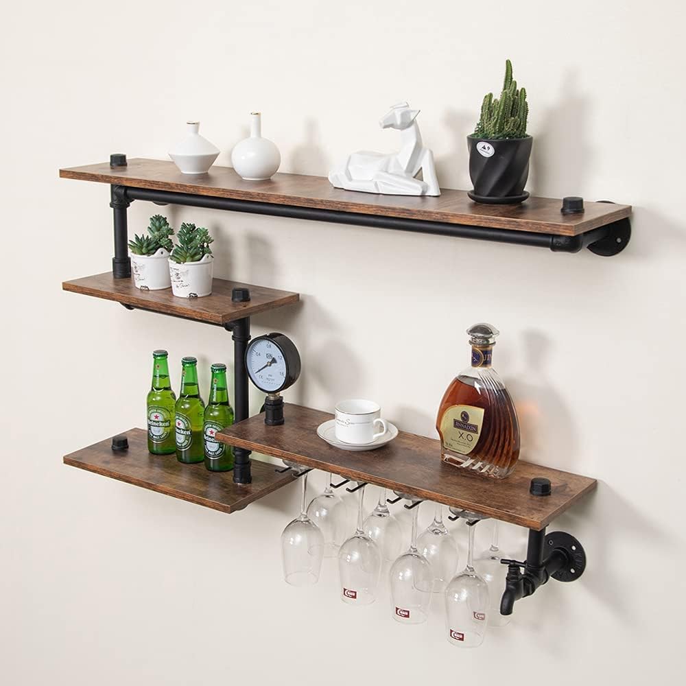 Industrial Pipe Shelves Wine Rack Wall Mounted with 4 Stem Glass Holder,Bar Shelves 39in Metal Hanging Wine Rack, Rustic Floating Pipe Shelf, Living Room Kitchen Decor Display Rack