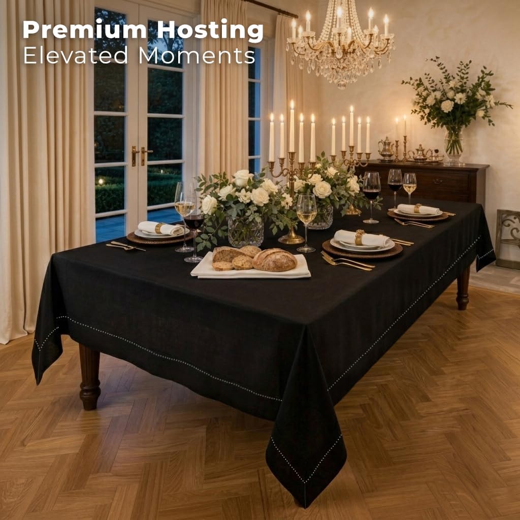 Signature Linen™ by D'Moksha Black Tablecloth, Rectangle Tablecloth 60 x 90 Inch, 100% Pure Linen, Hemstitch, Machine Washable Table Cloth for Dining- Summer