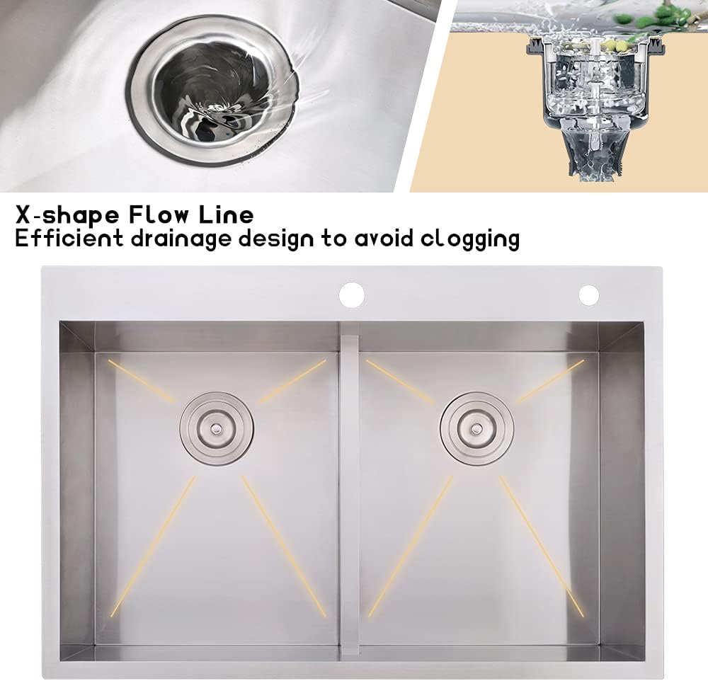 33 Inch Double Bowl Drop In Kitchen Sink-Bokaiya 33x22 Stainless Steel Drop-In Sink Kitchen Top Mount 16 Gauge Deep 50/50 Low-Divide Over Counter Double Bowl Kitchen Sink with Rack&Grid
