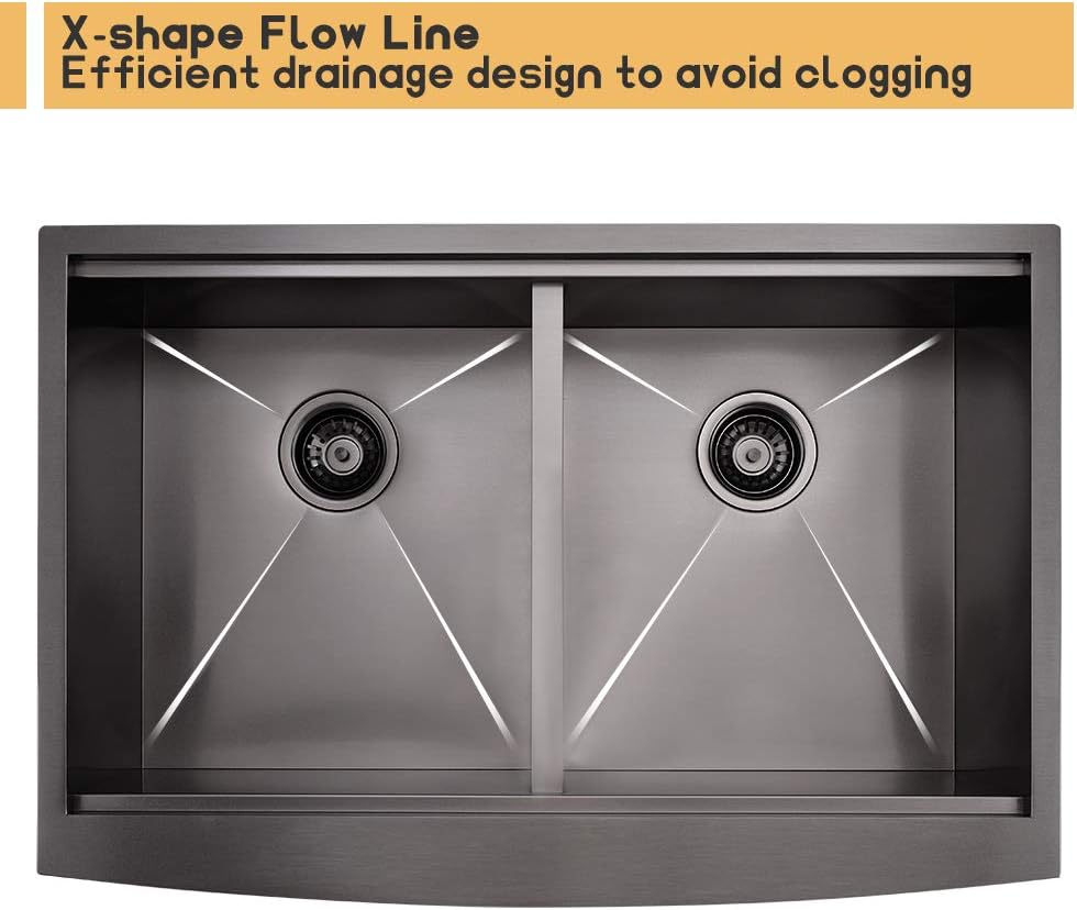 33 Inch Black Double Bowl Farmhouse Sink Workstation-Bokaiya 33x22 Farm Sink Black Stainless Steel 50/50 Double Bowl Apron Front 16 Gauge Low Divided Deep Farm House Style Sink