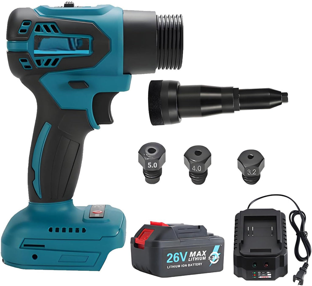 26V Brushless Cordless Rivet Gun, Electric Blind Riveter Tool Kit - Portable Battery Pop Rivet Gun with Ergonomic Handle, LED Light, Compatible for Various Industries completeset