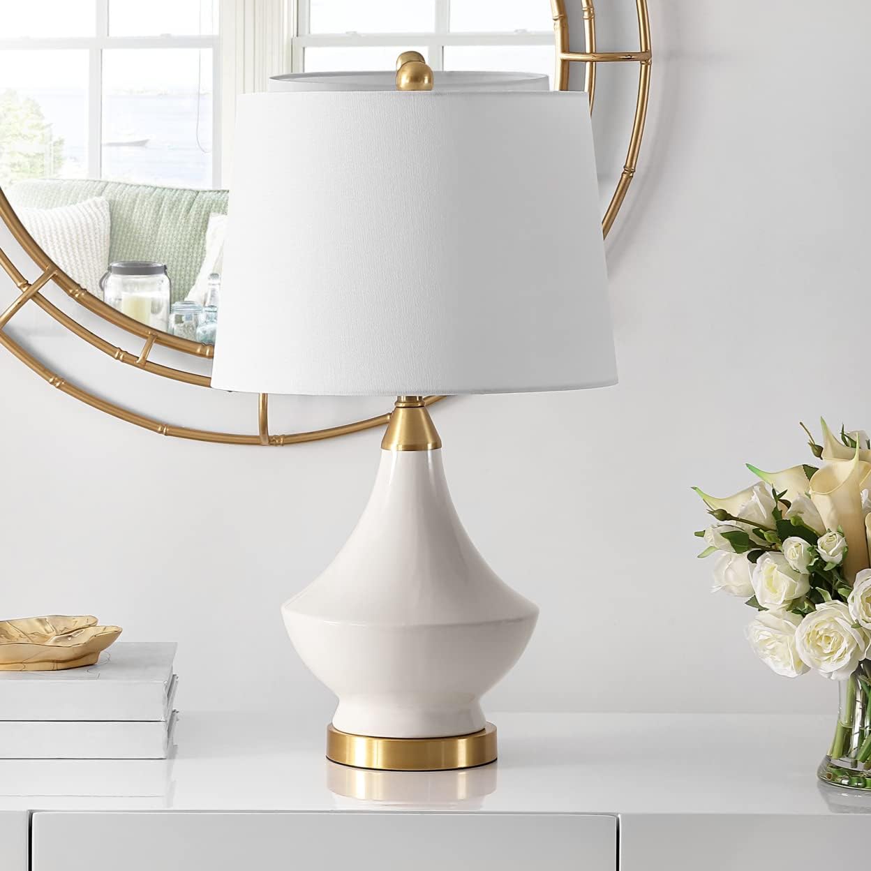SAFAVIEH Lighting Collection Marlowe Modern White Glass 25-inch Bedroom Living Room Home Office Desk Nightstand Table Lamp Set of 2 (LED Bulbs Included)