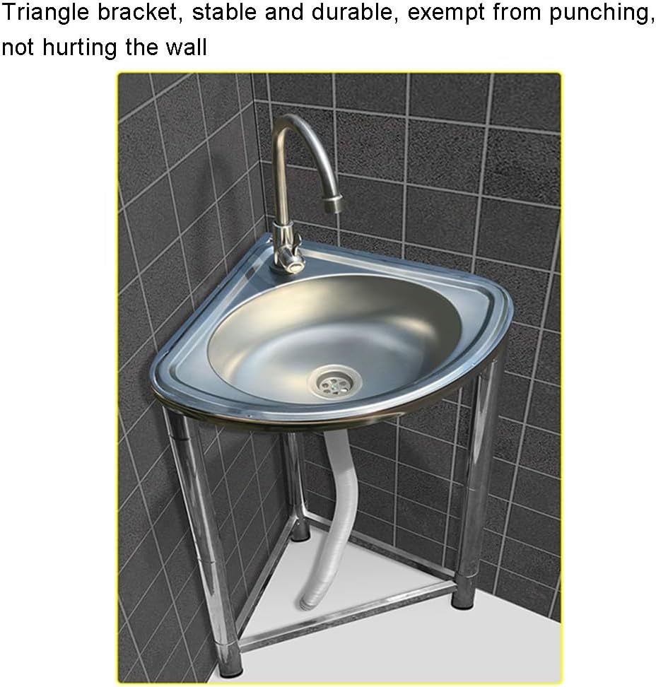 Free Standing Kitchen Sink, Triangular Stainless Steel Sink, Utility Single Bowl Sink with Bracket and Drain Kit, Easy to Clean, for Indoor Garage Backyard,Silvera-46x41x75cm