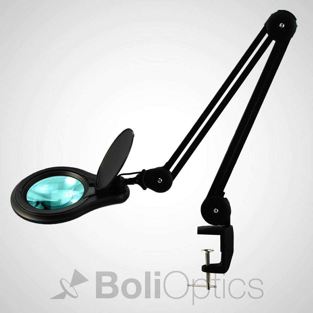 ESD Safe (Glass Lens) Professional LED Magnifying Lamp with Clamp (5 Diopter, 2.25X) Work Light, 4 Brightness Levels, Daylight Bright, 1200 Lumens, 5600K-6000K, Matte Black, BoliOptics MG16303222