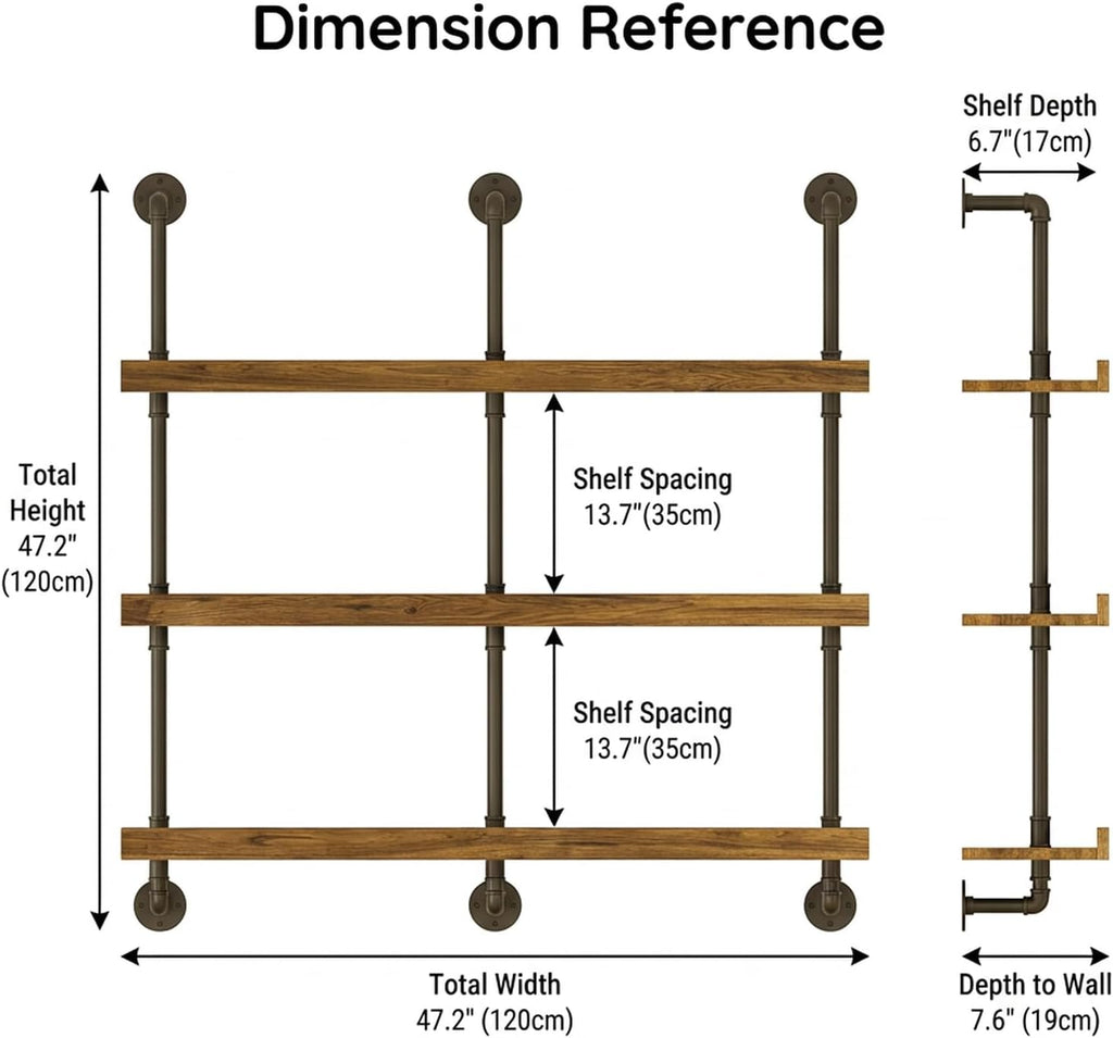 3-Tier Wall Mounted Wine Rack, Industrial Pipe Bar Shelf for Wine Bottle Storage, Industrial Pipe Shelves Shelf Shelving for Home Bar Dining Room Kitchen (47.2' W x 47.2' H)