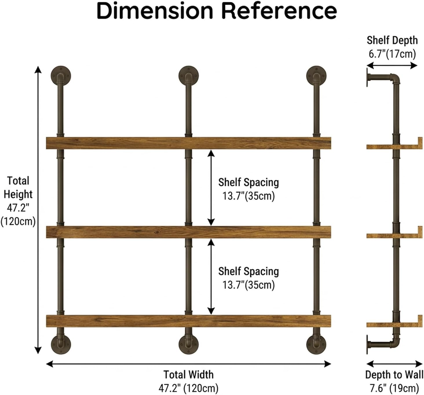 3-Tier Wall Mounted Wine Rack, Industrial Pipe Bar Shelf for Wine Bottle Storage, Industrial Pipe Shelves Shelf Shelving for Home Bar Dining Room Kitchen (47.2' W x 47.2' H)