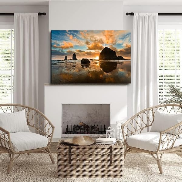 Oregon Coast Haystack Rock Cannon Beach Sunset Poster Decorative Painting Canvas Wall Art Living Room Bedroom (Frame 24in*36in)