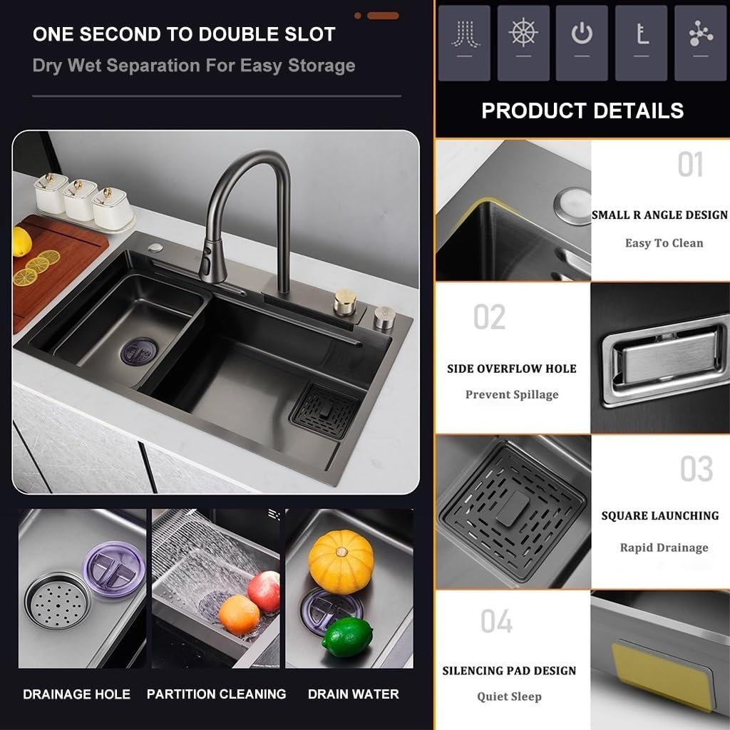 Single Bowl Waterfall Sink Stainless Steel Kitchen Sink Nano Coated Workstation Sink with Pull-Out Faucet and Cup Washer Full Set of Accessories (Color : Black, Size : 68x45x22cm) (Black 68x45x22
