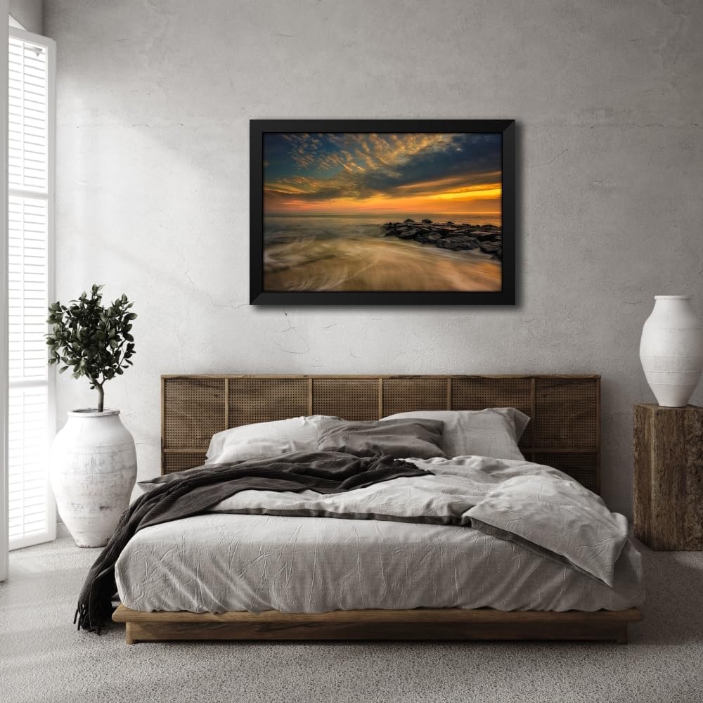 ArtDirect New Jersey-Cape May National Seashore Sunset on ocean and rocks 40x28 Extra Large Black Modern Wood Framed Art Print by Jaynes Gallery