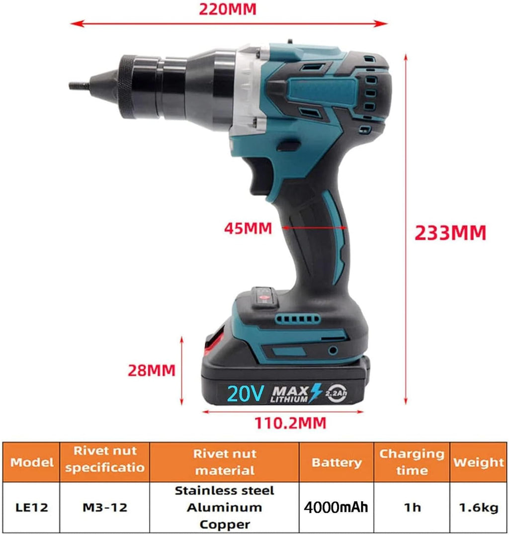 Cordless Riveter Rivet Nut Tool Kit, Heavy Duty Rivet Gun, Pop Rivet Gun Set, Professional Hand Riveter, Manual Riveting Tool, Nuts Include M3 M4 M5 M6 M8 M10 M12 Nut Tools,2200mah