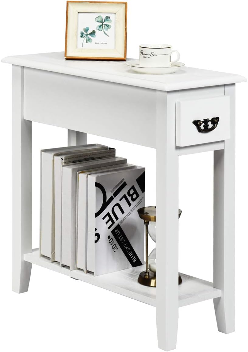Tangkula Narrow End Table, Wood Small Side Table with Drawer & Open Shelf, Slim Nightstand for Small Spaces, Skinny Bedside Table for Living Room Bedroom, 9.8 x 23.6 x 23.6 Inches