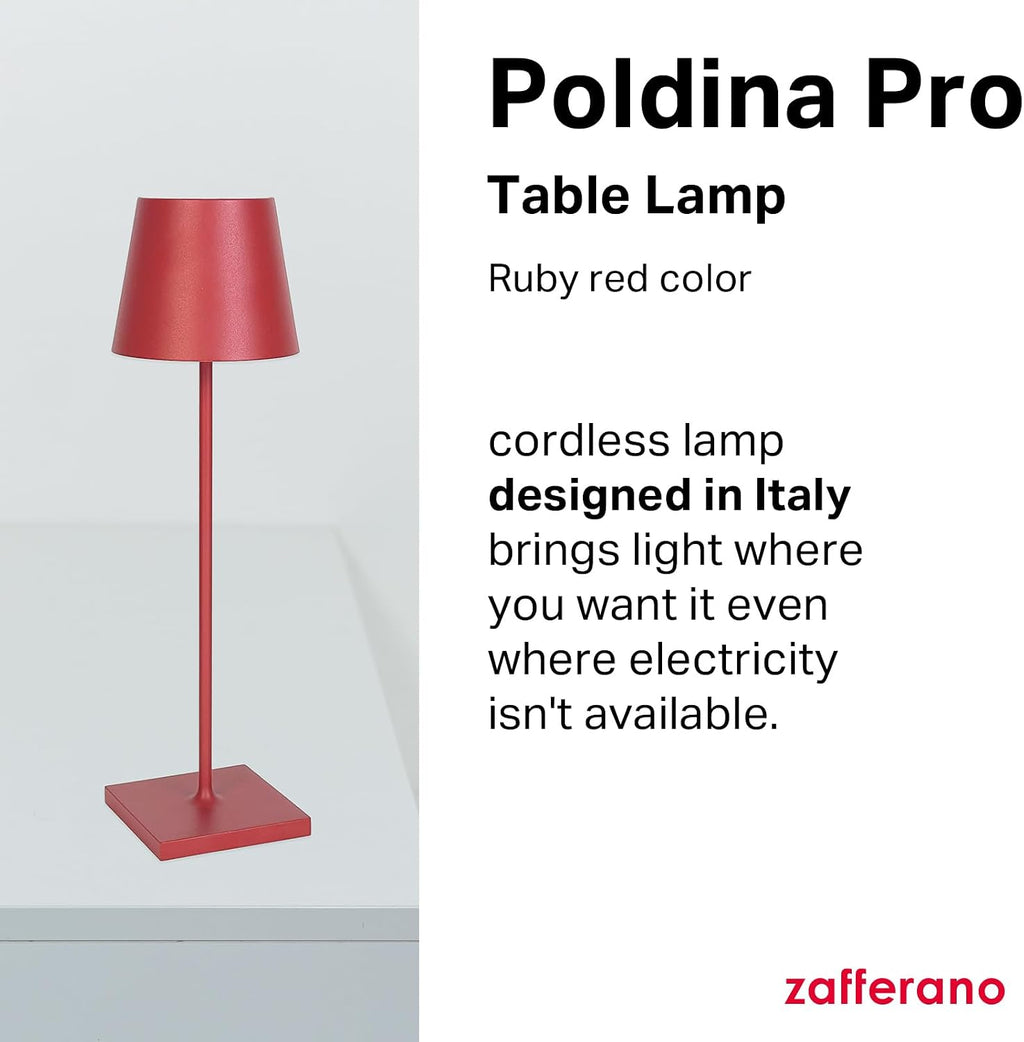 Zafferano, Poldina Pro Lamp, Rechargeable Cordless Table Lamp with Touch Controls, Suitable for Indoor and Outdoor, Dimmer, 2200-3000 K, Height 14.9 Inches, Ruby Red Color