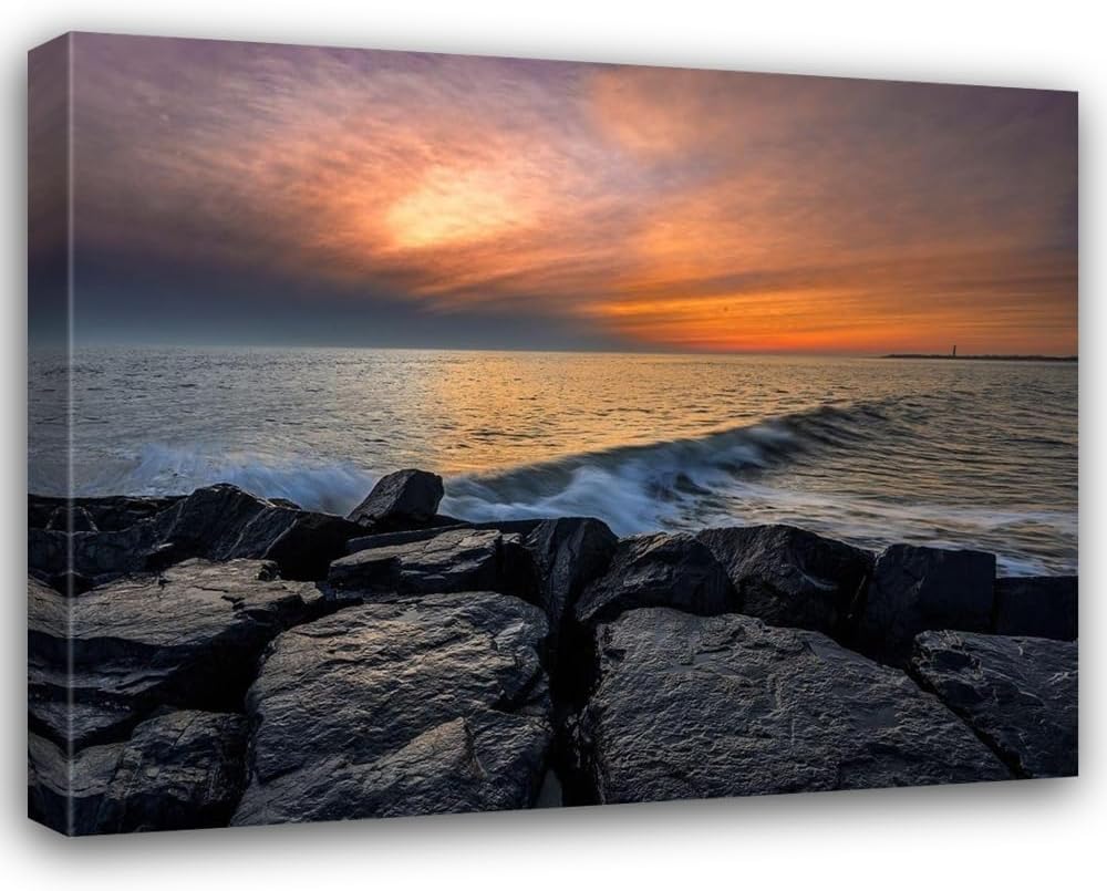 ArtDirect Jaynes Gallery 34x28 Gallery Wrapped Canvas Museum Art Titled: New Jersey-Cape May National Seashore Sunset on ocean and rocks II