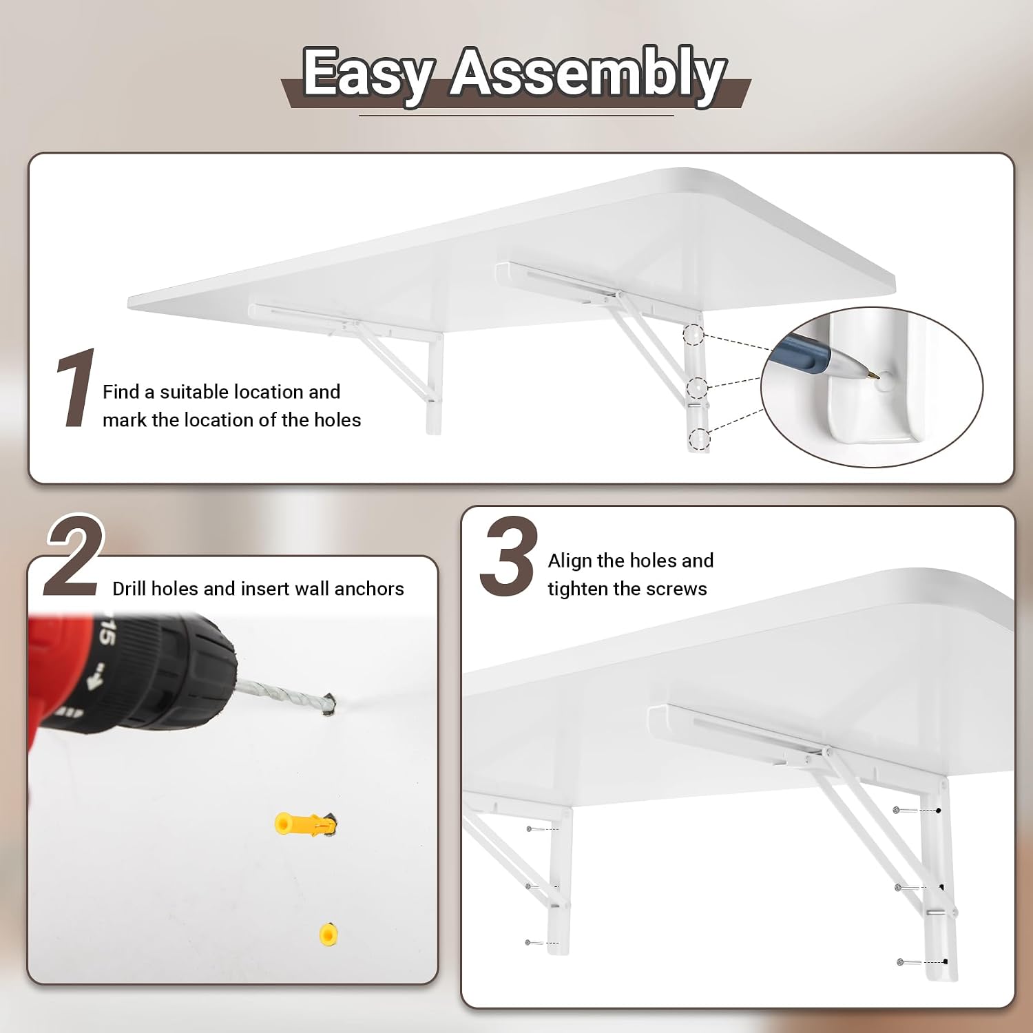 Neoaider Wall Mounted Folding Table 47.2'L x 19.7'W, Laundry Folding Table with Heavy Duty Metal Collapsible Shelf Brackets, Wall Mounted Desk Fold Down for Small Spaces, White