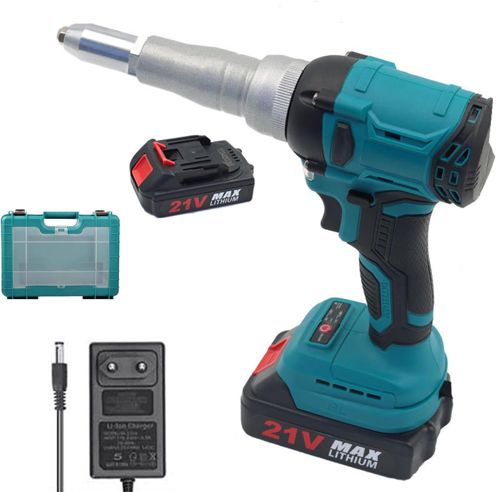 21V Rechargeable Riveting Gun, Automatic Electric Rivet Gun Tool Brushless Pop Rivet Gun Kit, Household Portable Lithium Battery Stainless Steel Industrial Fully Automatic Riveting Gun