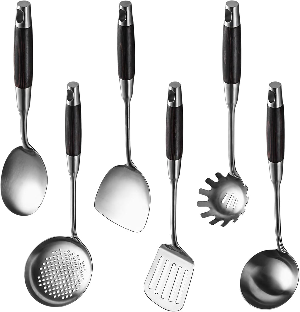 6-Piece Kitchen Utensil Set, Stainless Steel with Black Ebony Wood Handles, Nonstick, for All Cooking Surfaces