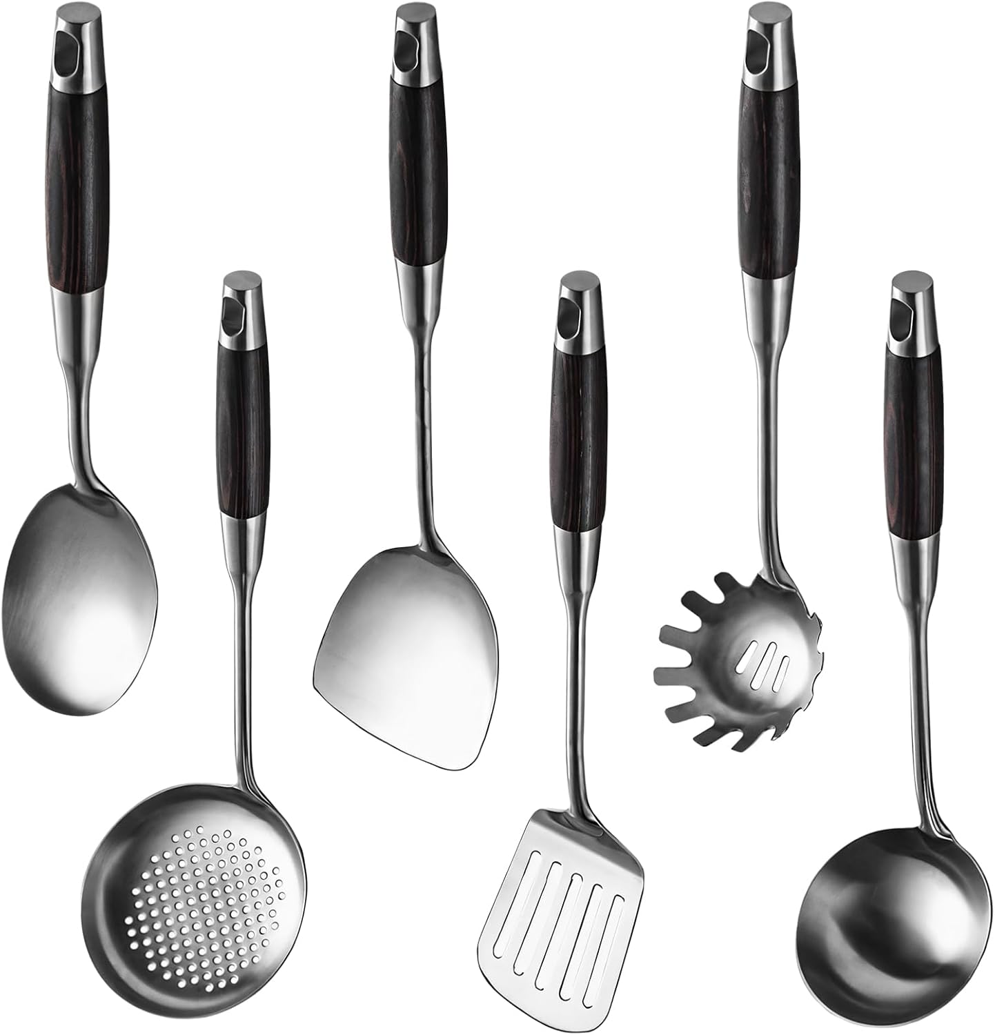 6-Piece Kitchen Utensil Set, Stainless Steel with Black Ebony Wood Handles, Nonstick, for All Cooking Surfaces