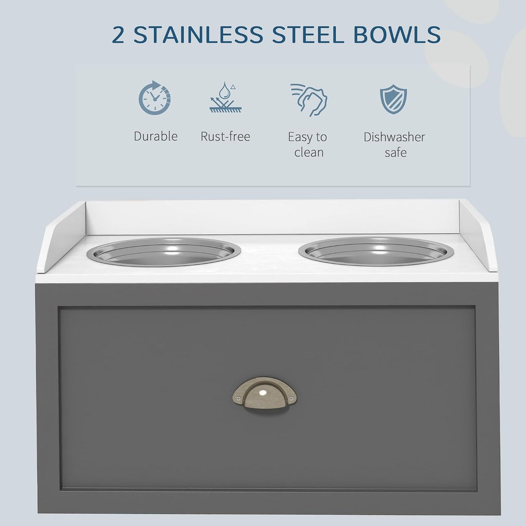 Premium Heavy Duty Elevated Dog Bowl Station with 21 Liters Capacity 2 Stainless Steel Bowls Storage Compartment Anti-Slip Gray