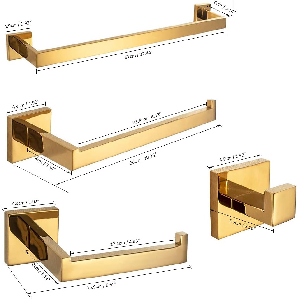 Bathroom Gold Polished Hardware Set Stainless Steel Robe Hook Towel Bar Toilet Roll Paper Holder Towel Ring Bathroom Accessories, Brushed Gold Set