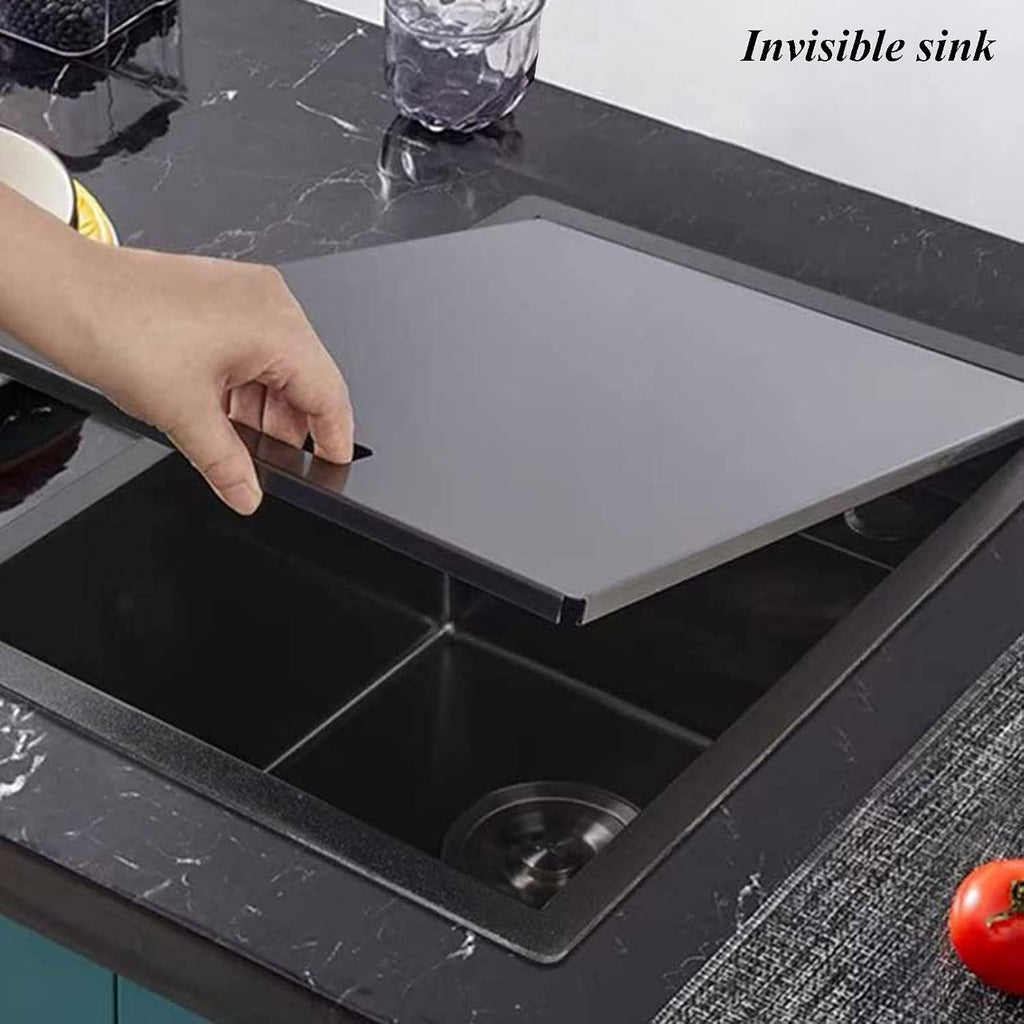 Undermount Kitchen Sink Hidden Sink with Foldable Tap and Cover, Laundry Utility Drop-in Topmount Single Bowl Sink Stainless Steel Kitchen Bathoom Sinks, Bl(Black-35x45cm