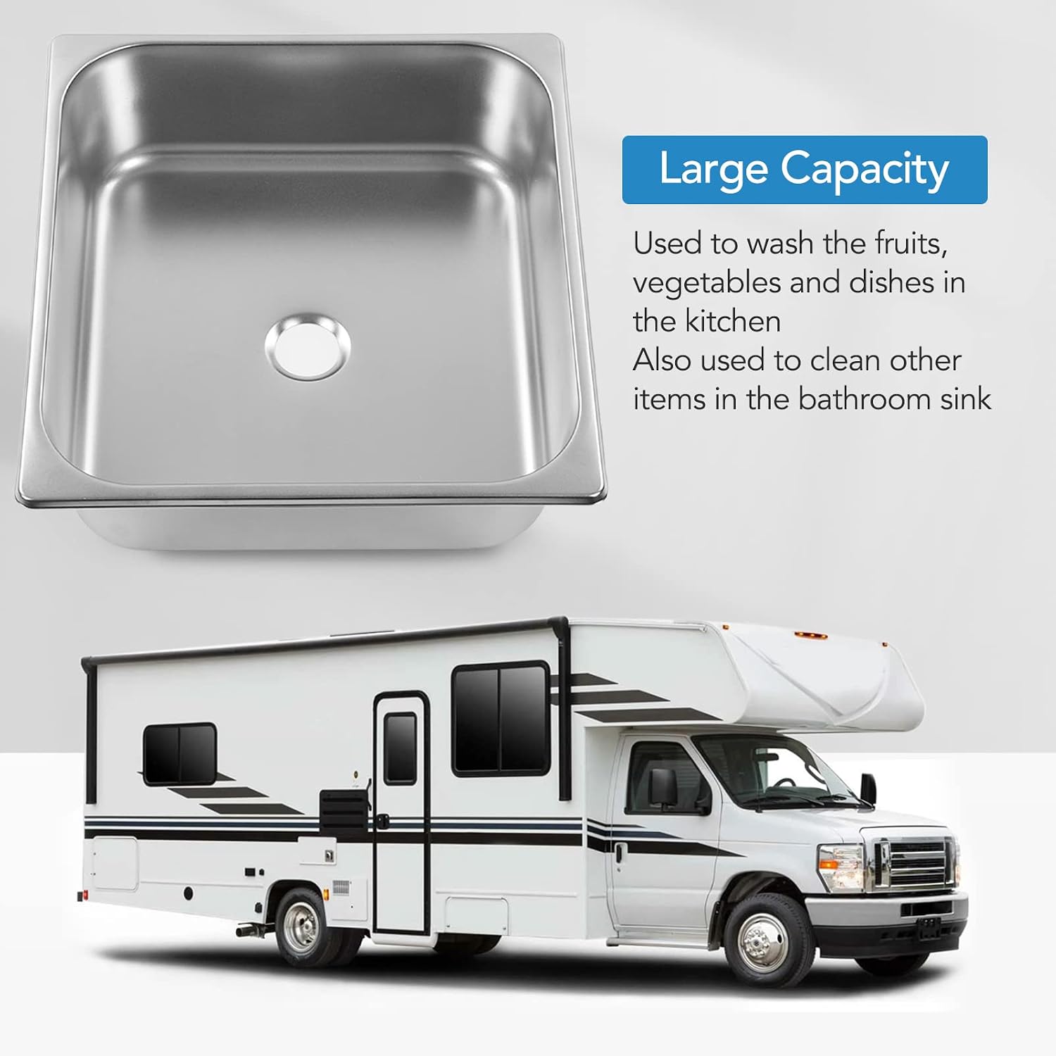 Single Sink Bowl, Fast Discharge Undermount Single Sink, Square Stainless Steel Kitchen Sink for RV Yacht Bathroom
