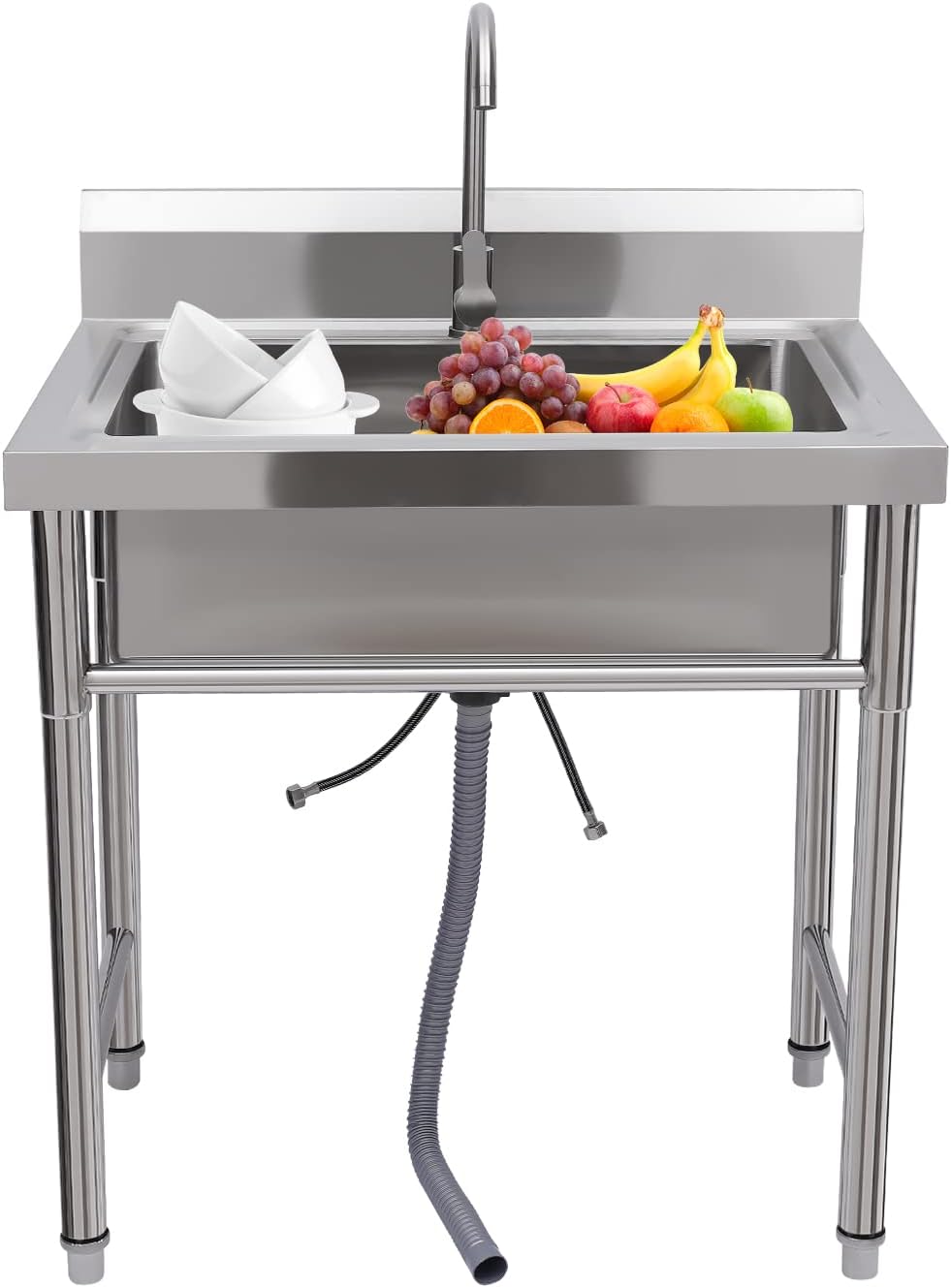 Commercial Stainless Steel Sink, Cold & Hot Water Double Basin Triple Utility Wash Sink, 360° Rotation and Double Layer Filter, Used for Garages, Laundry Room, Kitchen, Restaurant, Farm, Backyard